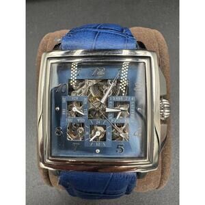 38mm Square SLVR/BLUE Auto Day Date 24-hour Blue Strap LOUIE BOLLE Mens Watches